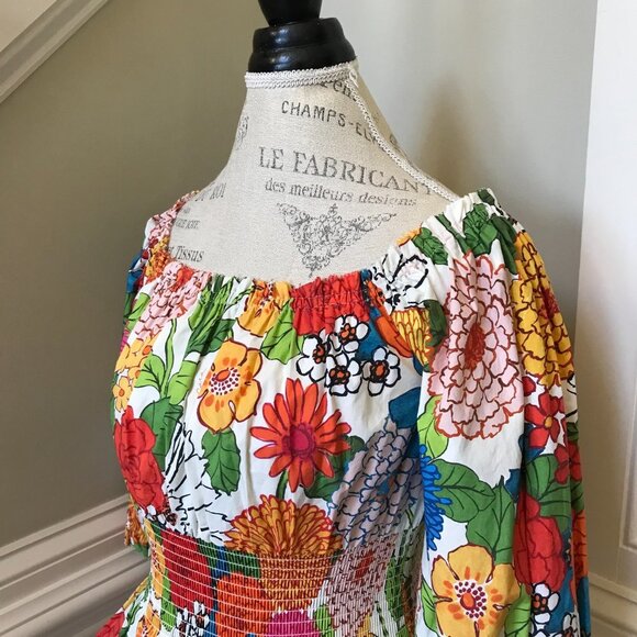 NWOT Cara Cara Heidi Smocked Top Shirt Womens XS Blue Red Floral Peplum Cotton - Picture 9 of 12